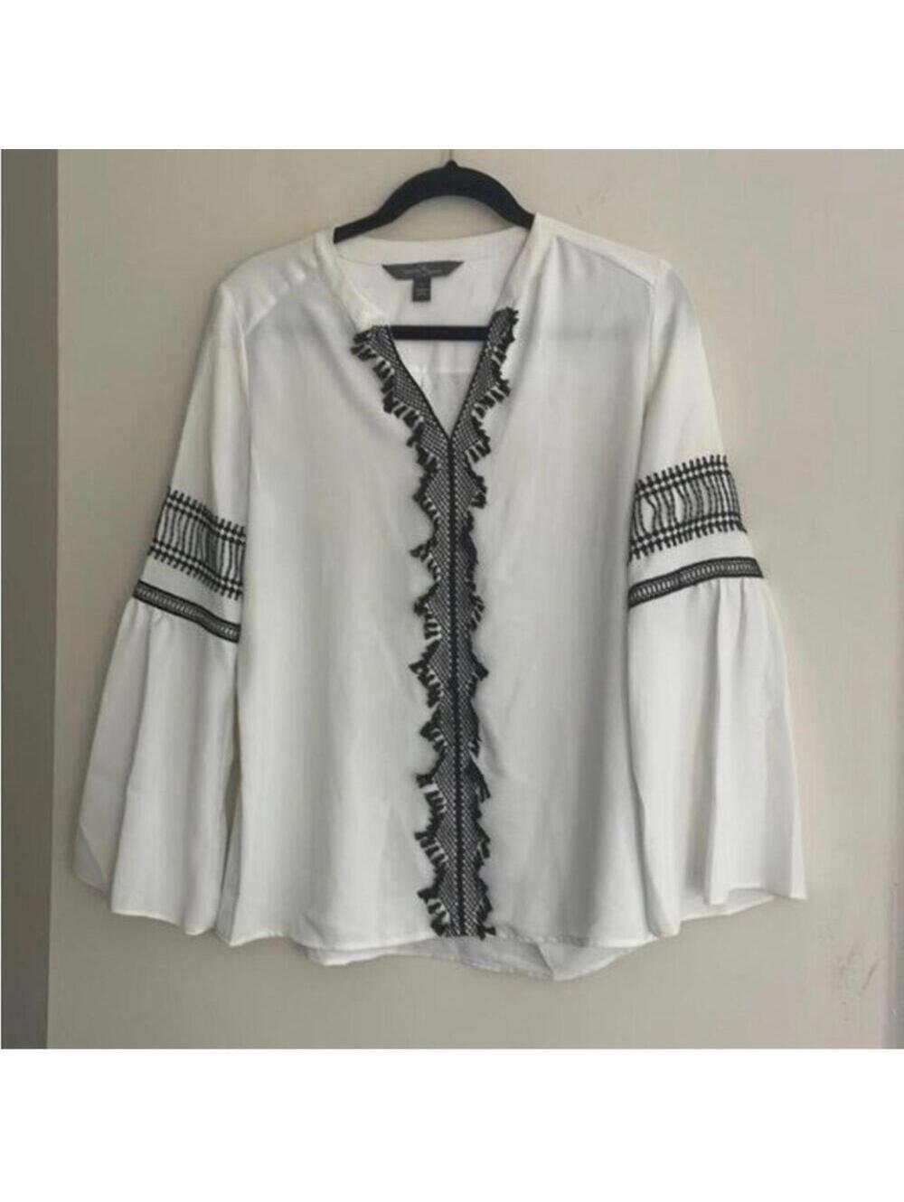 💕Market & Spruce White Boho Bell Sleeve Black Embroider Trim Coastal Blouse